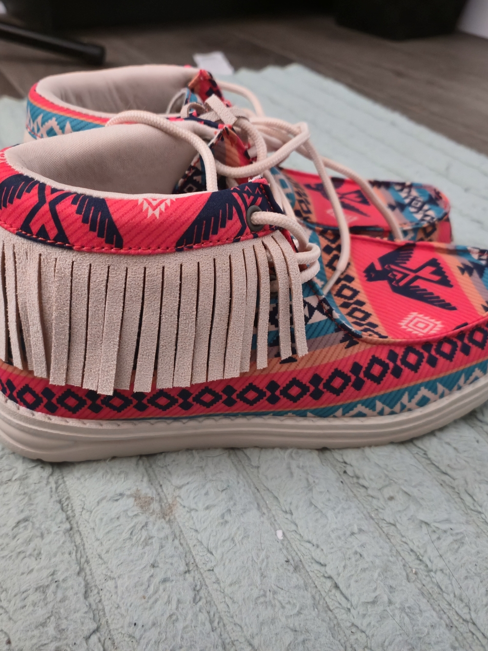 Fringed Aztec-Print Women’s Moccasin Sneakers in Neon Coral & Teal